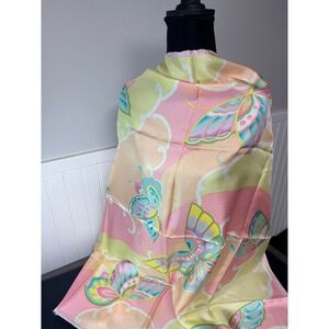 Talbots 100% Silk Square Scarf Butterfly Pastel Pink Yellow 36x36 NWT